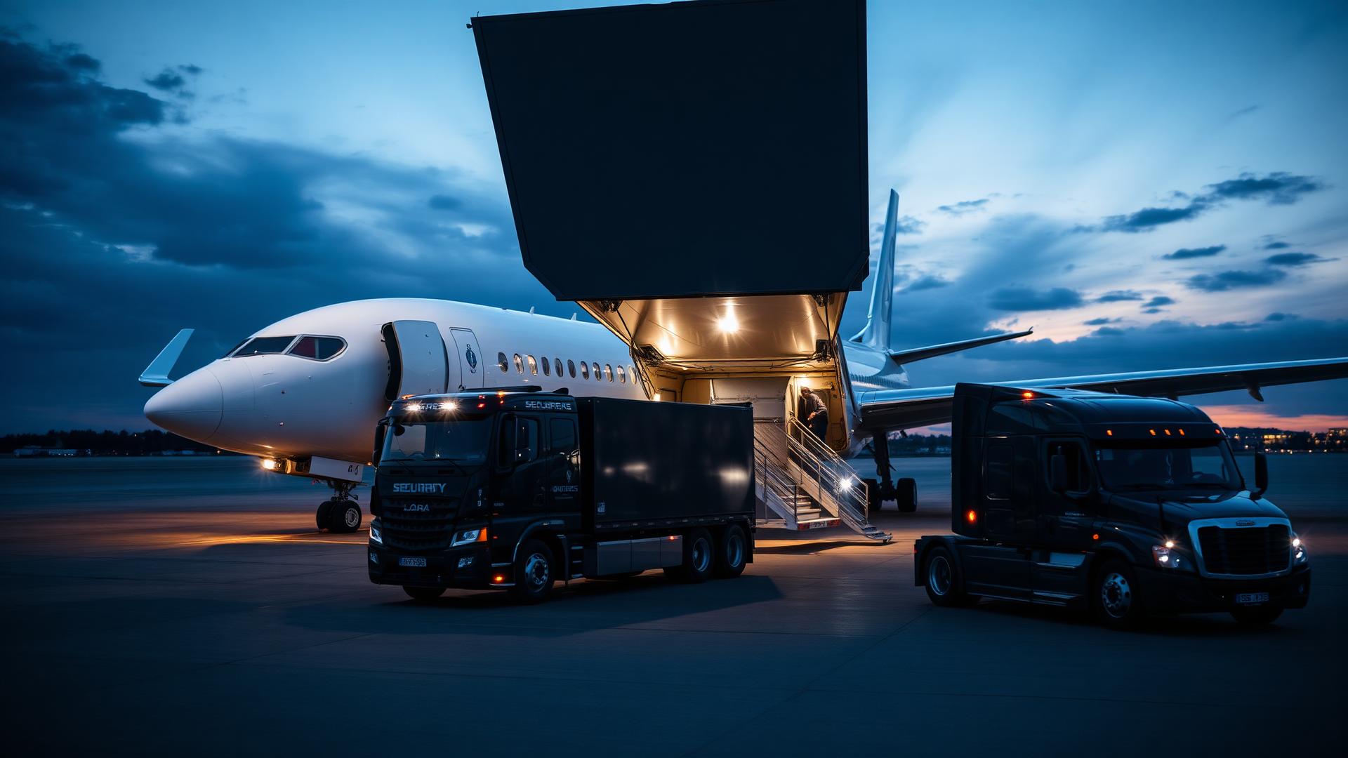 Cargo aircraft loading operations at dusk
